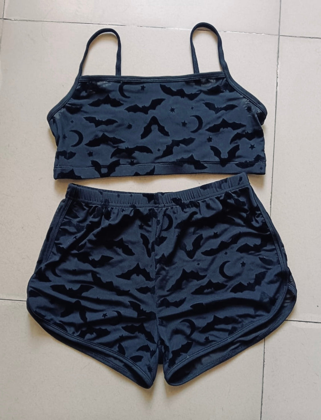 The Sinister Set - BATS - Sheer Velvet Flocked Bat Bra & Shorts Set - READY To SHIP