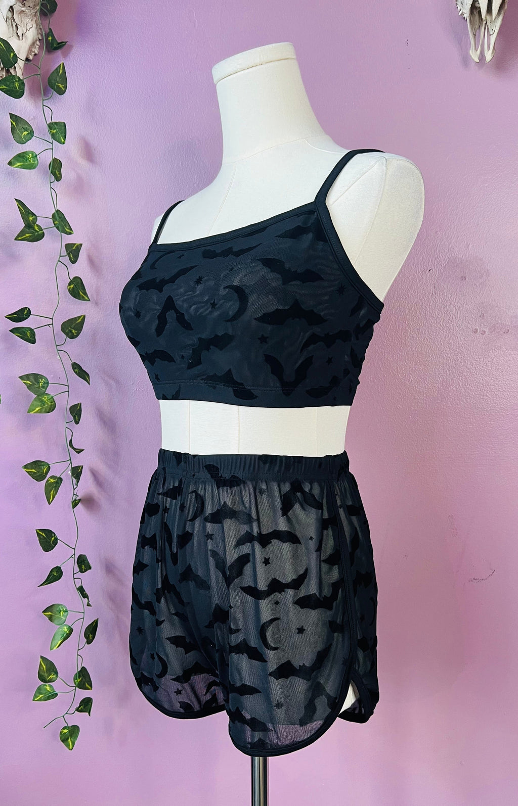 The Sinister Set - BATS - Sheer Velvet Flocked Bat Bra & Shorts Set - READY To SHIP