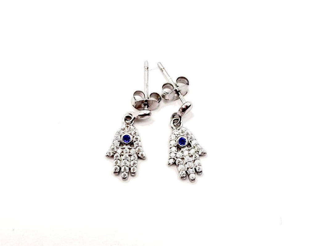 Hamsa Drop Earrings with Blue Crystal – Sterling Silver