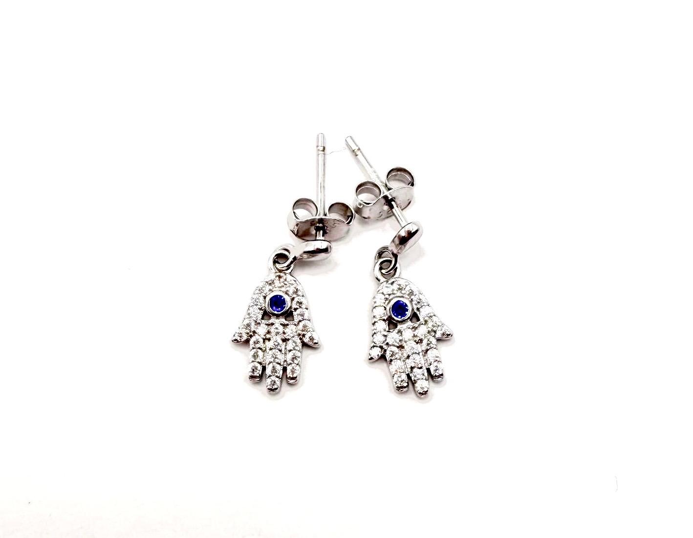 Hamsa Drop Earrings with Blue Crystal – Sterling Silver
