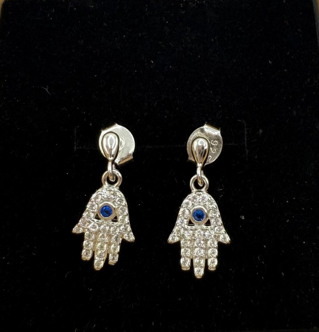 Hamsa Drop Earrings with Blue Crystal – Sterling Silver