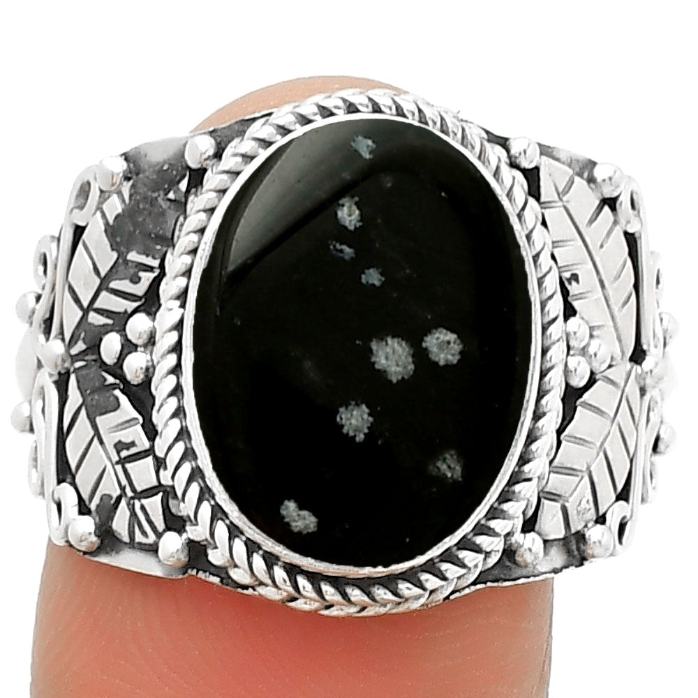 Southwest Design Natural Snow Flake Obsidian Ring size-9