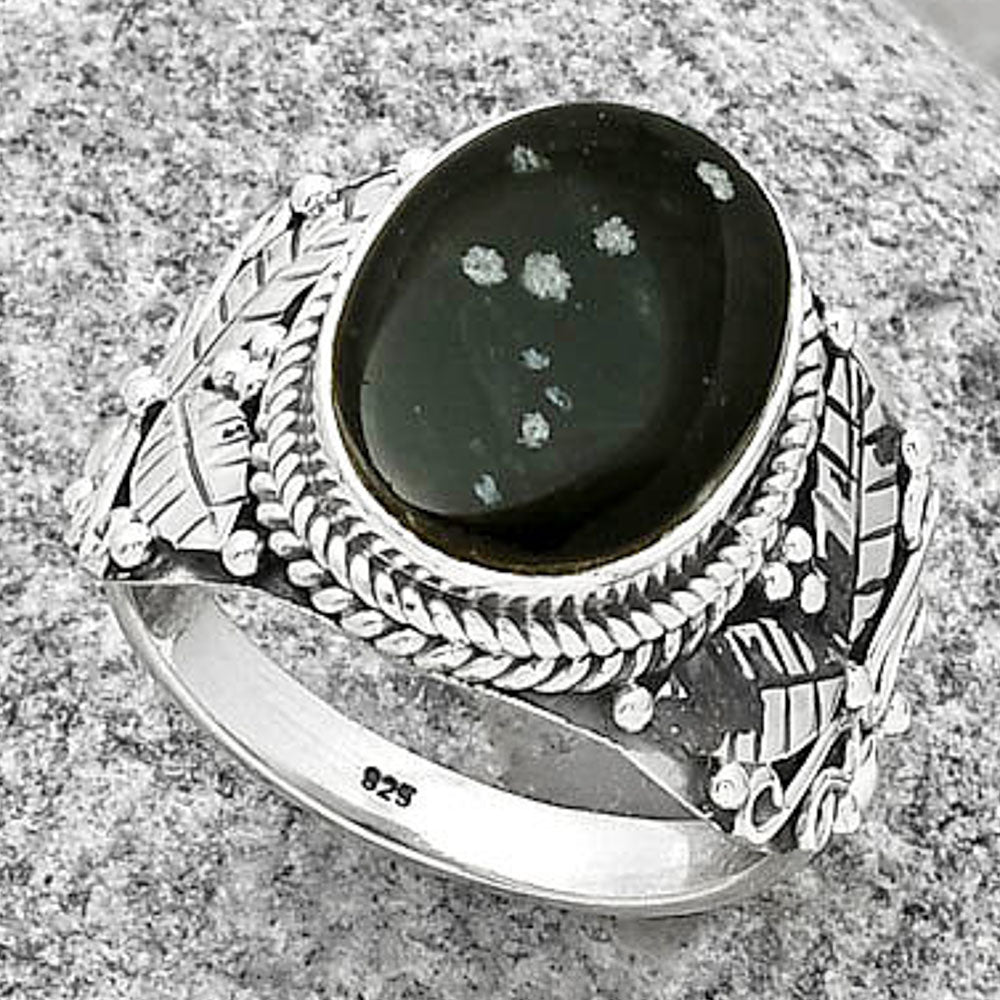 Southwest Design Natural Snow Flake Obsidian Ring size-9