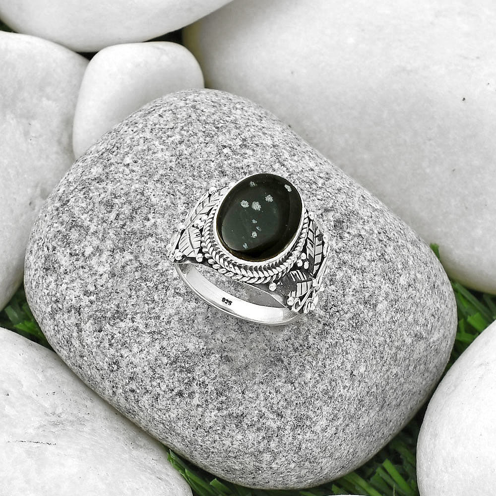 Southwest Design Natural Snow Flake Obsidian Ring size-9