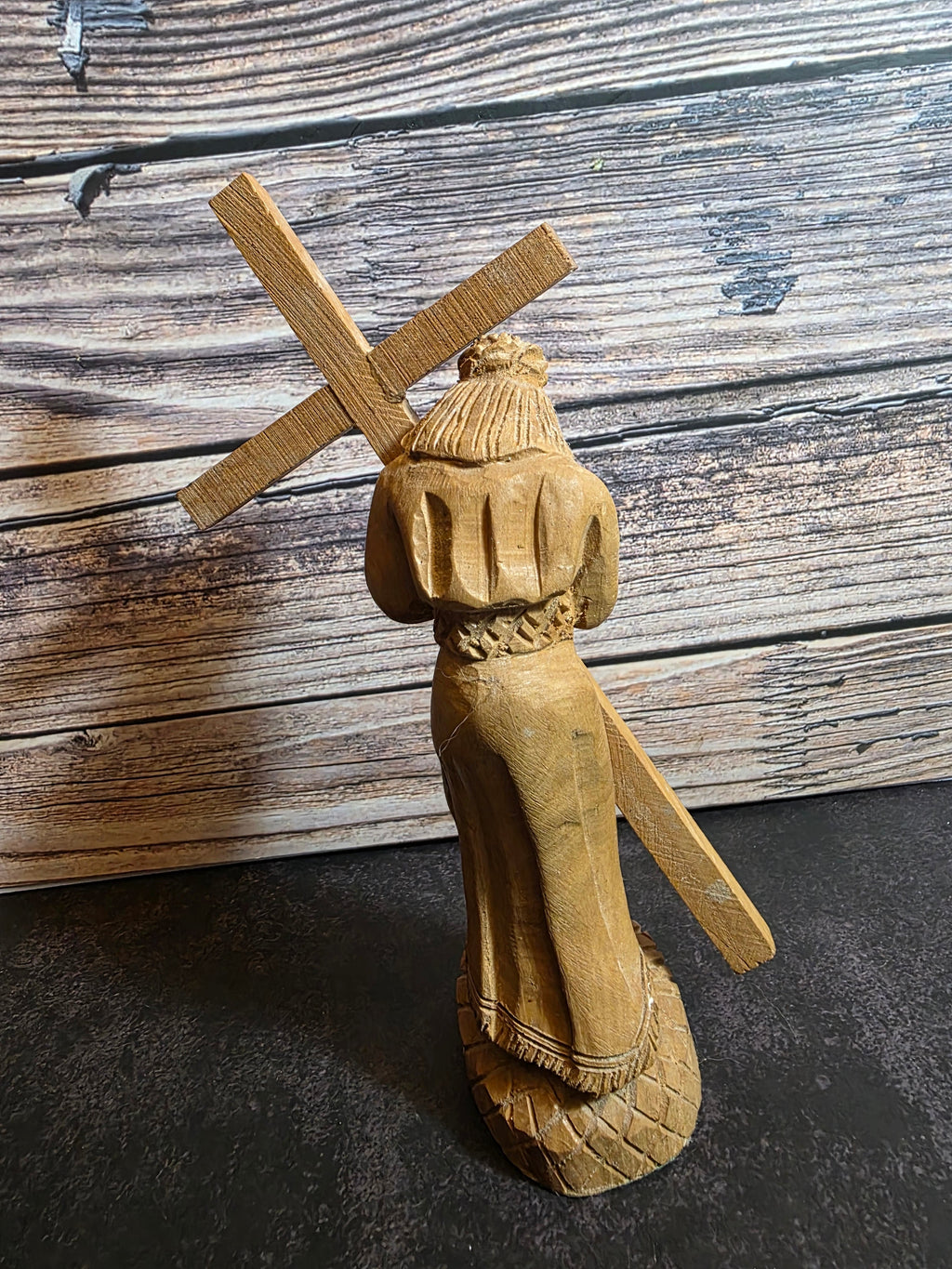 Antique Jesus Carrying Cross Olive Wood Figurine